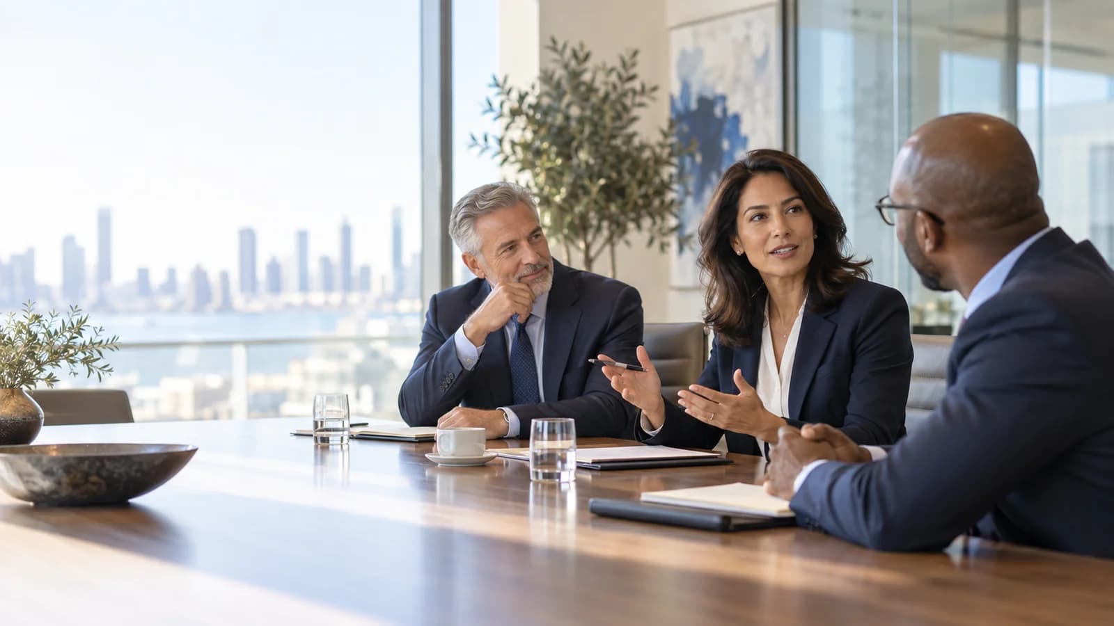 Editorial illustration of professionals in conversation